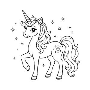 Puede incluir: Una ilustración de arte lineal en blanco y negro de un unicornio con un cuerno en espiral, una melena fluida y una cola larga. El unicornio está rodeado de varias estrellas de cuatro puntas y pequeños círculos, con una estrella en el flanco.