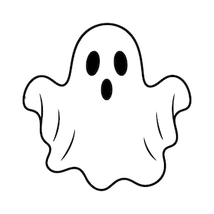 Op de afbeelding: Een eenvoudige zwart-wit lijntekening van een geest. De geest heeft een afgerond hoofd, twee ovale ogen en een ovale mond, allemaal ingekleurd in effen zwart. Het lichaam is afgebeeld met golvende lijnen die een lakenachtige vorm suggereren.