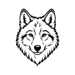 Puede incluir: Una ilustración gráfica en blanco y negro de una cabeza de lobo mirando hacia adelante. El diseño presenta líneas audaces y limpias que delinean los rasgos faciales, las orejas puntiagudas y los detalles del pelaje texturizado.