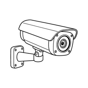 Op de afbeelding: Een zwart-wit lijntekening van een beveiligingscamera. Het apparaat heeft een cilindrische behuizing met een beschermende zonnekap, een centrale lens en een montagebeugel met vier schroefgaten voor bevestiging aan een vlak oppervlak.