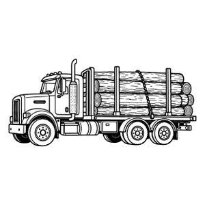 Pode incluir: Uma ilustração de arte linear em preto e branco de um caminhão madeireiro visto de lado. O veículo apresenta uma cabine, um tubo de escape vertical e um reboque de plataforma carregado com uma pilha de troncos cilíndricos presos por corrente.