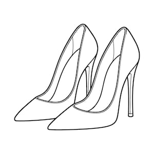 May include: A pair of black and white line art illustrations of high-heeled pumps. The shoes feature a pointed toe, a high stiletto heel, and a deep cut opening. The design is rendered with clean, bold outlines on a plain white background.