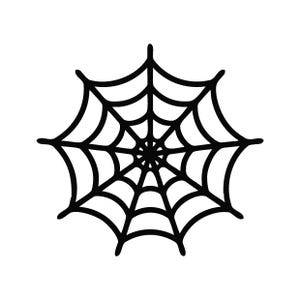 May include: A black graphic illustration of a spider web featuring a central point with radiating lines connected by concentric curved segments, creating a symmetrical web pattern against a plain white background for clear visual contrast.
