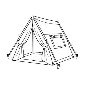 Peut inclure: Une illustration en noir et blanc au trait représentant une tente de camping. La tente présente une structure en forme de A avec une entrée avant ouverte, des pans de tissu drapés attachés sur les côtés et une fenêtre rectangulaire.