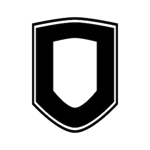 May include: A black and white shield emblem with a white interior. The shield has a rounded bottom and a thick black border with a thin white outline. The design is simple and graphic.