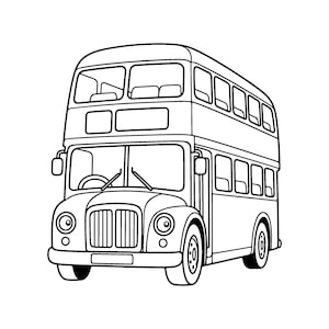 Puede incluir: Una ilustración de arte lineal en blanco y negro de un autobús de dos pisos. El vehículo presenta una parrilla frontal prominente, dos faros circulares, un volante visible a través del parabrisas y múltiples ventanas rectangulares en ambos niveles.