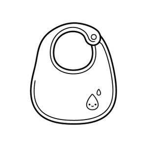 Puede incluir: Una ilustración de arte lineal en blanco y negro de un babero. El babero presenta una forma redondeada con una abertura circular para el cuello y un detalle de cierre a presión en la parte superior. Un pequeño icono de gota de agua sonriente.