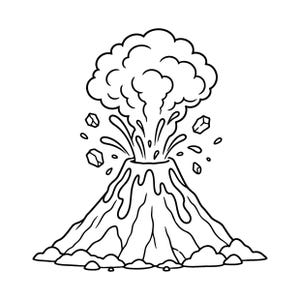Puede incluir: Una ilustración de arte lineal en blanco y negro de un volcán en erupción. La montaña cónica presenta lava fluyendo por sus lados, con una gran nube de humo saliendo del cráter y varias rocas irregulares expulsadas hacia el aire.