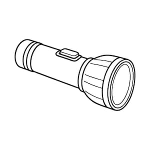 May include: A black and white line art illustration of a handheld flashlight. The device features a cylindrical body, a flared head with a circular lens, and a rectangular power switch positioned on the top side of the handle.