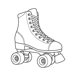 May include: A black and white line art illustration of a high-top roller skate. The skate features a lace-up closure, a rounded toe cap, four wheels arranged in two pairs, and a front-mounted toe stop, all rendered in a clean, bold outline style.