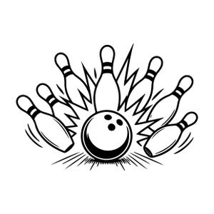 Op de afbeelding: Een zwart-witte grafische illustratie van een bowlingbal die een set kegels raakt. De bal staat in het midden, omringd door zes kegels die in verschillende richtingen vliegen, met scherpe lijnen die beweging en de impact aangeven.