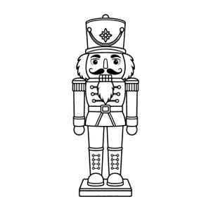 May include: A black and white line art illustration of a nutcracker figure. The character wears a tall hat with a star emblem, a uniform jacket with epaulets and buttons, a belt, and tall boots. It features a moustache and a pointed beard.