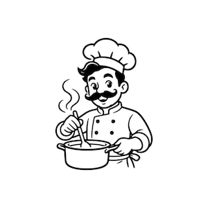 Può includere: Un'illustrazione a linee bianche e nere di uno chef che indossa un alto tocco e una giacca a doppio petto con bottoni. Lo chef ha un baffo prominente e sta mescolando una pentola fumante con un cucchiaio di legno tenuto in mano.