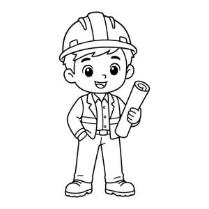 Puede incluir: Una ilustración de arte lineal en blanco y negro de un personaje de dibujos animados vestido como trabajador de la construcción. La figura lleva un casco, una camisa de cuello, un chaleco y pantalones, mientras sostiene un plano enrollado.