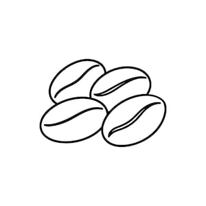 May include: A black and white line art illustration of four coffee beans arranged in a cluster. Each oval-shaped bean features a single curved line running through the center, representing the characteristic crease found on roasted coffee beans.