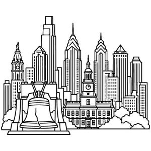 May include: A black and white line art illustration of the Philadelphia skyline. The image features the Liberty Bell in the foreground, Independence Hall in the center, and various skyscrapers in the background, all rendered in a clean, bold style.