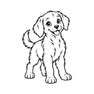 Könnte beinhalten: Eine schwarz-weiße Strichzeichnung eines Welpen, der mit erhobenem Schwanz steht. Der Hund hat große, ausdrucksstarke Augen, Schlappohren und eine kleine Zunge, die im geöffneten Maul sichtbar ist. Die Zeichnung zeigt klare, kräftige Umrisse.