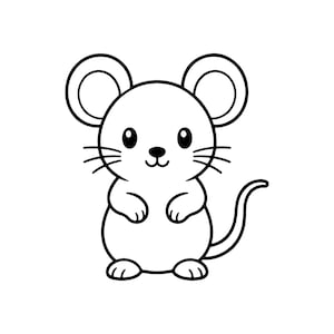 Könnte beinhalten: Eine schwarz-weiße Strichzeichnung einer Maus. Die Maus hat große runde Ohren, eine kleine Nase, Schnurrhaare auf beiden Seiten des Gesichts und einen langen, geschwungenen Schwanz. Das Design zeigt kräftige schwarze Umrisslinien.
