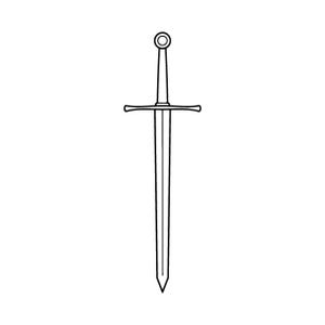 May include: A black and white line drawing of a sword featuring a straight double-edged blade, a simple crossguard with slightly flared ends, a slender handle, and a circular pommel at the top, presented in a clean, minimalist graphic style.