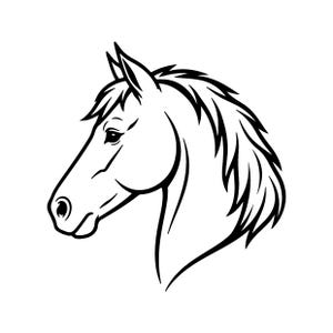 May include: A black and white line art illustration of a horse head in profile. The design features bold, clean outlines defining the horse's facial features, ears, and flowing mane, presented against a plain, solid white background.