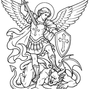 Puede incluir: Una ilustración de arte lineal en blanco y negro que representa una figura alada con armadura que sostiene una espada en alto y un escudo con una cruz, de pie sobre una criatura alada con cuernos. La figura tiene un halo y una túnica con cruz.