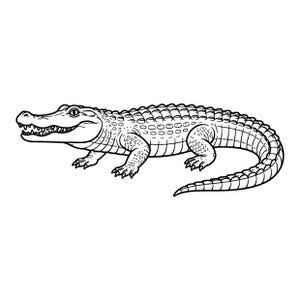 Puede incluir: Una ilustración de arte lineal en blanco y negro de un caimán en vista de perfil. El caimán se representa con un lomo texturizado y escamoso, una cola larga y curva, cuatro patas con garras visibles y la boca abierta mostrando dientes afilados.
