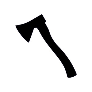 May include: A black axe silhouette against a white background. The axe features a curved handle and a triangular blade, suggesting a tool for chopping or splitting wood. The design is simple and bold.