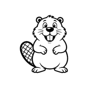 May include: A black and white line art illustration of a smiling beaver standing upright. The beaver has a rounded body, small ears, whiskers, and two prominent front teeth. Its tail is depicted with a distinct cross-hatched grid pattern.