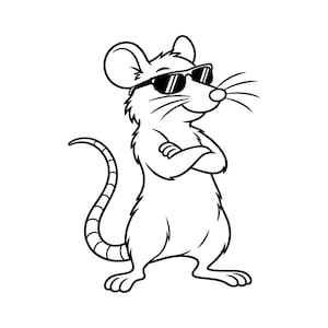 Könnte beinhalten: Eine schwarz-weiße Strichzeichnung einer stehenden Maus mit dunkler Sonnenbrille. Die Maus ist im Cartoon-Stil dargestellt, mit vor der Brust verschränkten Armen, einem langen, geschwungenen Schwanz, ausgeprägten Schnurrhaaren und großen Ohren.