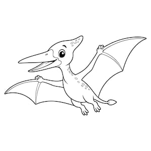 Peut inclure: Une illustration en noir et blanc au trait représentant un ptérodactyle en plein vol. La créature est dessinée de profil avec les ailes déployées, le bec ouvert et une longue crête sur la tête. Le corps présente des motifs circulaires.