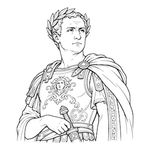 May include: A black and white line art illustration of a Roman leader wearing a laurel wreath crown, a breastplate featuring a Gorgon head emblem, and a draped cloak. The figure holds a sword hilt at the waist, depicted in a classic profile.