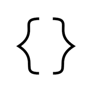 Könnte beinhalten: Ein schwarzes geschweiftes Klammersymbol auf weißem Hintergrund. Die Klammer ist eine dicke, gebogene Linie mit einem symmetrischen Design. Das Symbol wird häufig in der Programmierung und Mathematik verwendet.