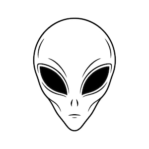 Può includere: Un'illustrazione in bianco e nero di una testa aliena. Il disegno presenta un cranio liscio e allungato, grandi occhi a mandorla di colore nero pieno, un piccolo ponte nasale e una sottile linea orizzontale che rappresenta la bocca.