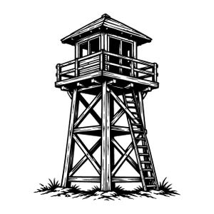 May include: A black and white line art illustration of a wooden fire lookout tower. The structure features a tall, braced support frame, a ladder leading to an enclosed observation deck with windows, and a roof, all set on a small patch of grass.