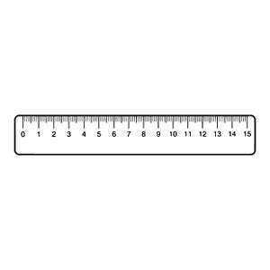 Puede incluir: Una regla rectangular blanca con marcas y números negros del 0 al 15, que indica una longitud de 15 centímetros. La regla presenta líneas de graduación claras para mediciones precisas, con un contorno negro que enmarca la herramienta.
