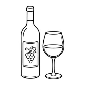 Può includere: Un'illustrazione in bianco e nero a linee di una bottiglia di vino e un calice da vino. La bottiglia presenta un'etichetta rettangolare con il disegno di un grappolo d'uva e una foglia. Il calice è riempito a metà con del liquido.