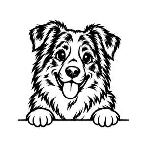 May include: A black and white graphic illustration of a dog with fluffy fur, large expressive eyes, and a tongue sticking out. The dog is positioned as if peeking over a horizontal line, with its two front paws resting on the edge.