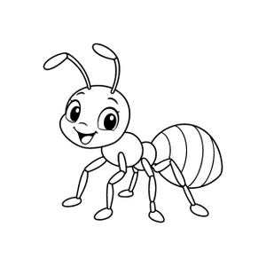 May include: A black and white line art illustration of a cartoon ant. The ant has large eyes, a smiling mouth, two antennae, and a segmented body with six legs. The drawing features clean, bold outlines on a plain white background for coloring.