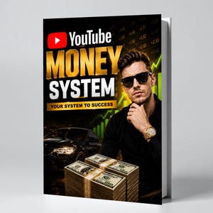 May include: A book cover with the title "YouTube MONEY SYSTEM" in gold lettering, featuring a man in sunglasses and stacks of money. The cover also includes a luxury car and financial data graphics.