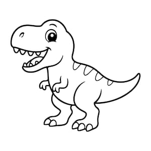 May include: A black and white line art illustration of a Tyrannosaurus Rex dinosaur. The dinosaur is depicted in profile, facing left with its mouth open, showing teeth. It has small arms, two-toed feet, and stripes along its back and tail.