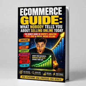 Op de afbeelding: Boekomslag van "E-commerce Guide: Wat niemand je vertelt over online verkopen vandaag". Het toont een verbaasde man, een laptop met een stijgende grafiek en de namen van online platforms zoals Etsy en Shopify.