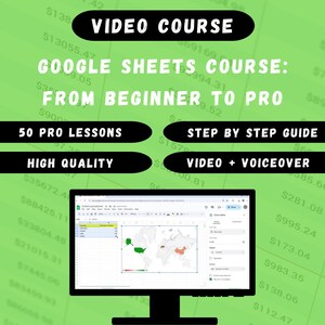 Può includere: Un monitor di computer mostra un foglio di calcolo di Google Sheets con una mappa del mondo. L'immagine promuove un corso video, "Corso Google Sheets: Da Principiante a Professionista", con 50 lezioni e video con commento vocale.