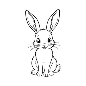 May include: A black and white line art illustration of a seated rabbit. The rabbit is depicted from a front-facing perspective with long, upright ears, large round eyes, a small nose, and visible whiskers on both sides of its face.