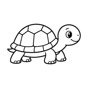 Puede incluir: Una ilustración de arte lineal en blanco y negro de una tortuga vista de perfil. La tortuga tiene un caparazón redondeado con un patrón segmentado, una cabeza lisa con un ojo grande, una boca pequeña sonriente y cuatro patas cortas.