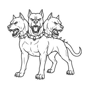 May include: A black and white line art illustration of a three-headed dog, known as Cerberus. Each head features a snarling expression with bared teeth and is wearing a spiked collar. The creature has a muscular build and a long, curved tail.