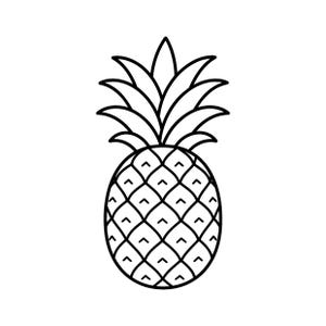 Op de afbeelding: Een zwart-wit lijntekening van een ananas. Het ontwerp bestaat uit een centraal ovaal lichaam met een herhalend ruitpatroon en een reeks puntige, omhoog wijzende bladeren aan de bovenkant, alles weergegeven in strakke, dikke zwarte lijnen.