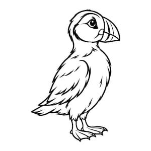Könnte beinhalten: Eine schwarz-weiße Strichzeichnung eines Papageientauchers im Profil. Die Illustration zeigt kräftige Konturen, einen charakteristisch geformten Schnabel mit vertikalen Linien, einen abgerundeten Kopf und Schwimmfüße in einem klaren Stil.