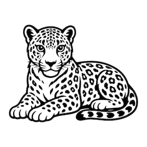 May include: A black and white graphic illustration of a leopard in a resting position. The feline is depicted with detailed spots covering its body, a rounded head, alert eyes, and a long tail curled around its side, rendered in bold lines.