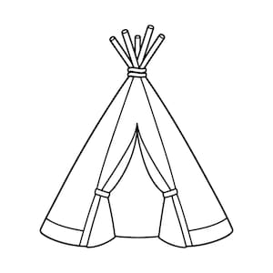 May include: A black and white line art illustration of a conical teepee tent. The structure features a central opening with two tied-back flaps, a horizontal band at the base, and several poles extending from the top, secured by a circular binding.