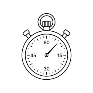 Può includere: Un'illustrazione in bianco e nero a tratto di un cronometro circolare. Il dispositivo presenta una corona superiore, due pulsanti laterali e un quadrante segnato con i numeri 15, 30, 45 e 60. Una lancetta punta verso il quadrante in alto a destra.
